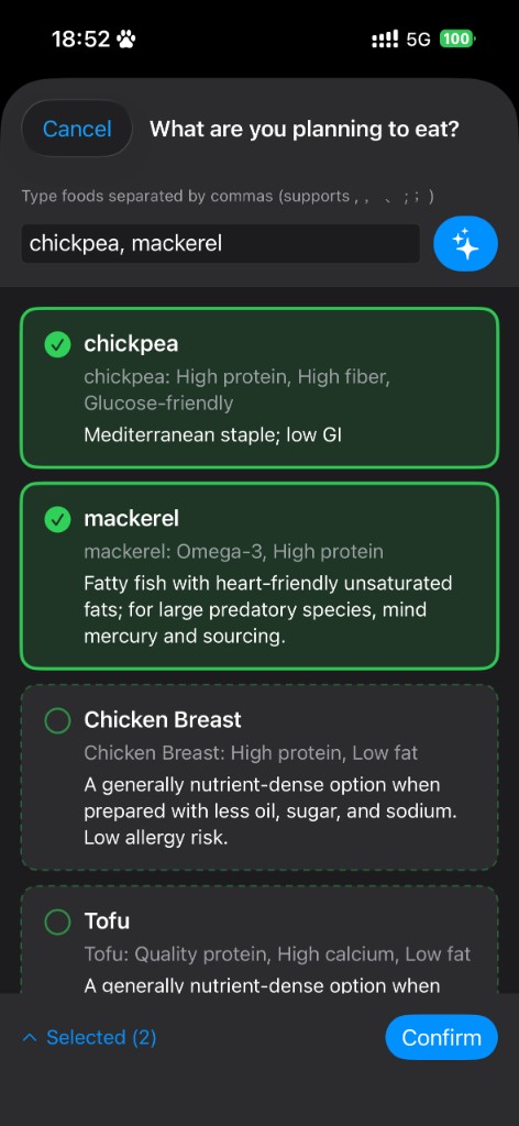 Pure Fuel meal input with ingredient cards