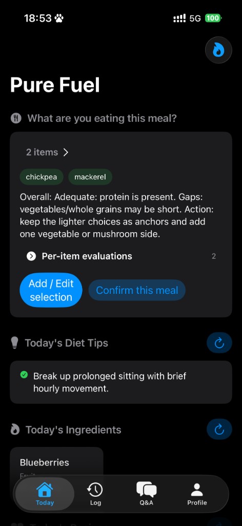 Pure Fuel Today tab with meal evaluation